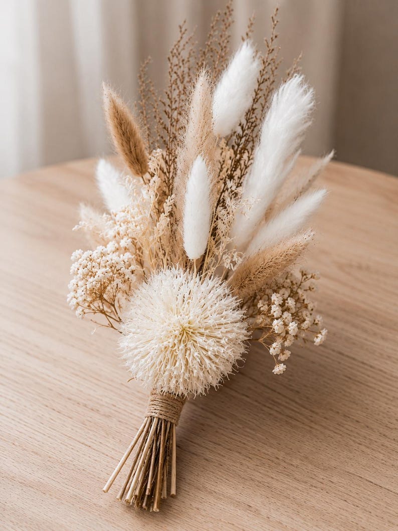 Trockenblumenstrauß mit Vase | Bohostrauß | Hochzeitsdekoration Tisch | kleiner Strauß beige weiß | Tischdeko
