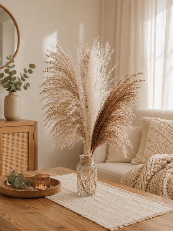 Boho Dried Flower Arrangement With Glass Vase | Pampas Grass Decor | Natural Living Room Decor | Vase With Dried Flowers | Boho Gift | Handmade