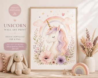 Stampa digitale di unicorno per la cameretta | Stampa unicorno pastello | Decorazioni boho per la cameretta dei bambini | Poster unicorno arcobaleno | Decorazioni per la cameretta di una bambina | Digitale