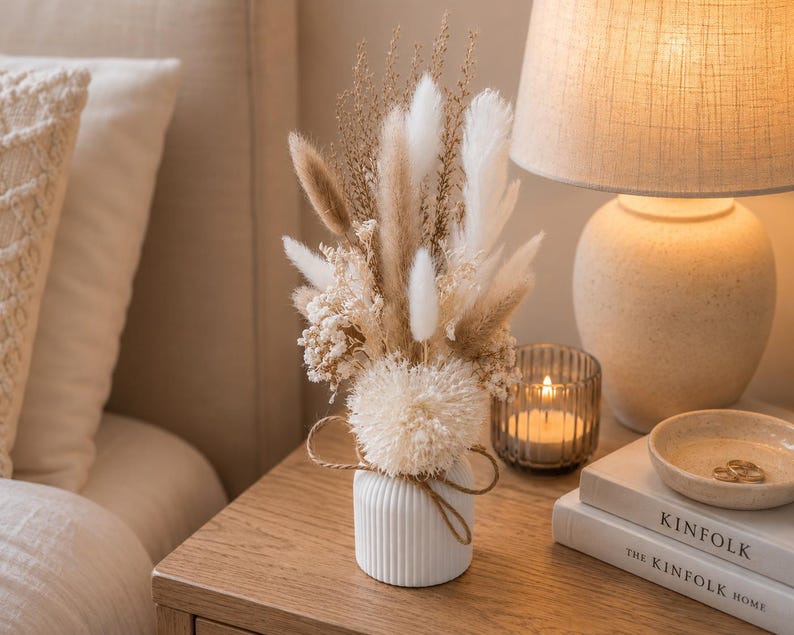 Trockenblumenstrauß mit Vase | Bohostrauß | Hochzeitsdekoration Tisch | kleiner Strauß beige weiß | Tischdeko