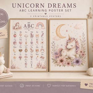 Unicorn Nursery Wall Art Set Printable | Pastel Unicorn Wall Decor | ABC Learning Poster | Baby Girl Nursery Prints | Boho Kids Room Decor
