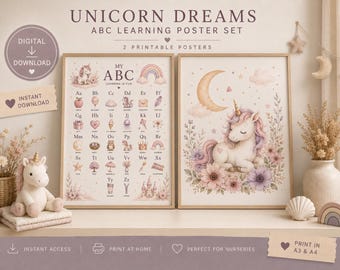 Unicorn Nursery Wall Art Set Printable | Pastel Unicorn Wall Decor | ABC Learning Poster | Baby Girl Nursery Prints | Boho Kids Room Decor