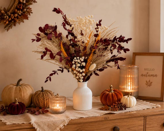 Blumenstrauß Herbst | Trockenblumen Arrangement Natur | Tischdeko Hochzeit | Blumenstrauß inklusive Vase | Trockenblumenstrauß Herbst