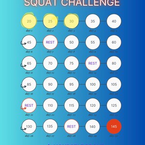 Puede incluir: Una infografía de desafío de sentadillas de 30 días con un fondo azul. La infografía muestra una serie de círculos conectados por líneas, cada círculo representa un día del desafío. Los números dentro de los círculos indican el número de sentadillas que se deben realizar cada día. El texto "30 DAY SQUAT CHALLENGE" está en la parte superior de la infografía. El texto "make YOURSELF PROUD" está en la parte inferior de la infografía, junto con el logotipo de TikTok y el nombre de usuario "@FITSPIRATIONSTV".