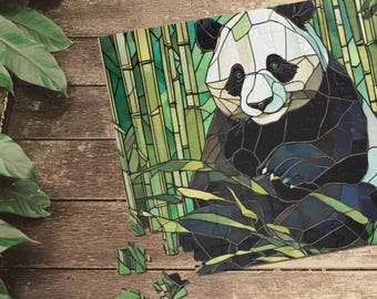 Quebra-cabeça de vidro manchado de urso panda, quebra-cabeça de animal exclusivo, quebra-cabeça de arte de floresta de bambu, 1000 peças, presente para amantes da natureza