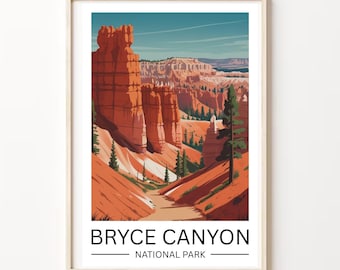 May include: A framed art print featuring a stylized illustration of Bryce Canyon National Park. The artwork showcases towering red rock formations, a winding path, and green trees under a blue sky. The text "BRYCE CANYON NATIONAL PARK" is displayed at the bottom.