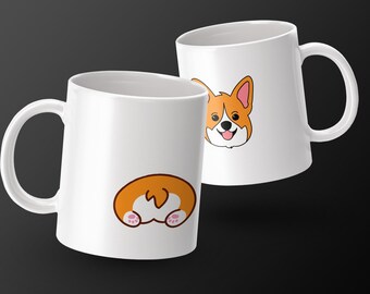 Könnte beinhalten: Zwei weiße Keramikbecher mit Corgi-Motiven. Ein Becher zeigt das Hinterteil eines Corgis, der andere das Gesicht des Corgis. Die Becher haben eine glänzende Oberfläche und einen gebogenen Griff, ideal für Kaffee oder Tee.