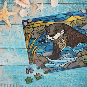 Casse-tête coloré en vitrail de loutres, casse-tête artistique unique sur les loutres, activité familiale amusante, casse-tête de beaux animaux, casse-tête inspiré de la nature
