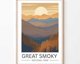Great Smoky Mountains National Park, grote poster, kleine poster, zonsondergang landschapskunst, natuur muurdecoratie, reizen kunstafdruk, woondecoratie