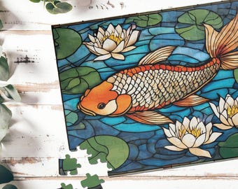 Koi Fish Jigsaw Puzzle 1000 Pieces Vibrant Stained Glass Artwork Koi Pond Puzzle Relaxing Activity for Adults and Kids