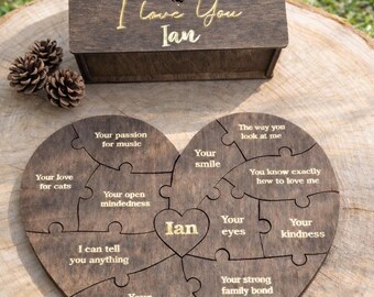 Personalized Wooden Heart Puzzle for Her, Romantic Gift for Wife, Girlfriend, Anniversary, Birthday, Love Reasons Keepsake