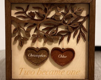 Personalized Couple Heart Sign | Custom Wooden Wedding Gift | Two Became One Anniversary Keepsake | Rustic Home Decor with Names