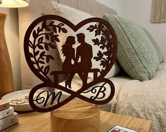 Custom Night Light Heart Lamp for Couples | Romantic Valentine's Day Gift, Anniversary, Engagement, Personalized Names & Date, Rustic