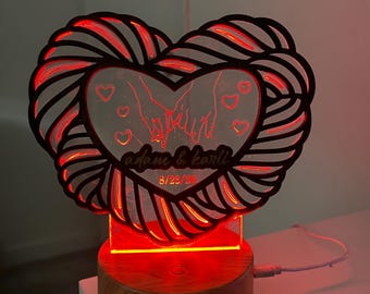 Personalized Heart Night Light for Couples | Romantic Valentines Day Gift, Anniversary, Engagement, Custom Names & Date, Rustic Wooden Love