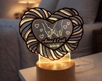 Personalized Heart Night Light for Couples | Romantic Valentines Day Gift, Anniversary, Engagement Gift with Names & Date, Rustic Wooden