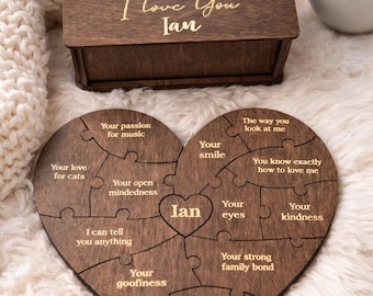 Personalized Wooden Heart Puzzle | Reasons Why I Love You Engraved Gift for Her, Girlfriend, Anniversary, Birthday, Romantic Gift for Women
