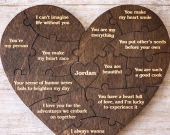 Personalized Heart-Shaped Birch Wood Puzzle | Romantic Gift for Her, Anniversary, Girlfriend Gift, Reasons I Love You Engraved Puzzle Set