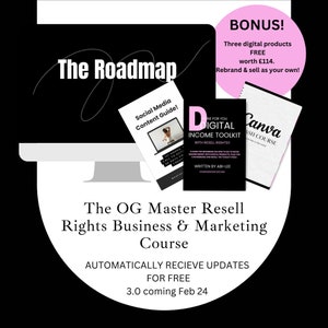 Può includere: Annuncio pubblicitario per un corso di marketing digitale. L'immagine mostra un monitor di computer con "The Roadmap", insieme a tre copertine di prodotti digitali e un cerchio rosa con "BONUS!". Il corso si intitola "The OG Master Resell Rights Business & Marketing Course."