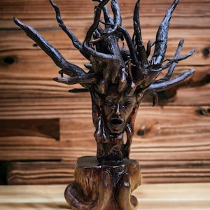 Medusa Gorgona Vintage Dark Brown Handmade Wood Roots Carved Art Figure