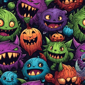 Pode incluir: Um padrão sem costura que apresenta uma variedade de monstros coloridos de estilo de desenho animado com sorrisos de dentes. Os monstros estão em vários tons de verde, roxo, azul e laranja. Todos estão sorrindo e têm diferentes expressões faciais. O fundo é preto.