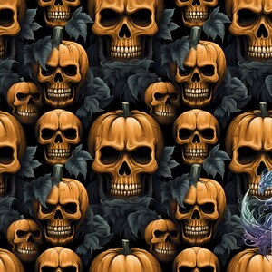 May include: A repeating pattern featuring orange pumpkins and skulls with detailed shading. Dark gray leaves fill the spaces between the pumpkins and skulls. The background is black, creating a high-contrast, spooky Halloween theme.