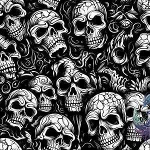 Puede incluir: Ilustración en blanco y negro con un patrón repetitivo de calaveras detalladas. Las calaveras están representadas en blanco con diseños intrincados, sobre un fondo negro sólido. La obra de arte tiene un tema gótico o macabro.