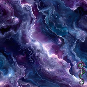 Puede incluir: Arte digital abstracto que presenta una galaxia arremolinada de púrpuras, azules y blancos. El diseño tiene una cualidad fluida y etérea, con vetas de luz y formas de burbujas. Un dragón con una espada está en la esquina inferior derecha.