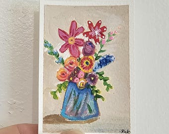 ACEO Original Tiny Painting 2.5x3.5 | Flowers of Summer | Acrylic Floral Art with Ink on Paper