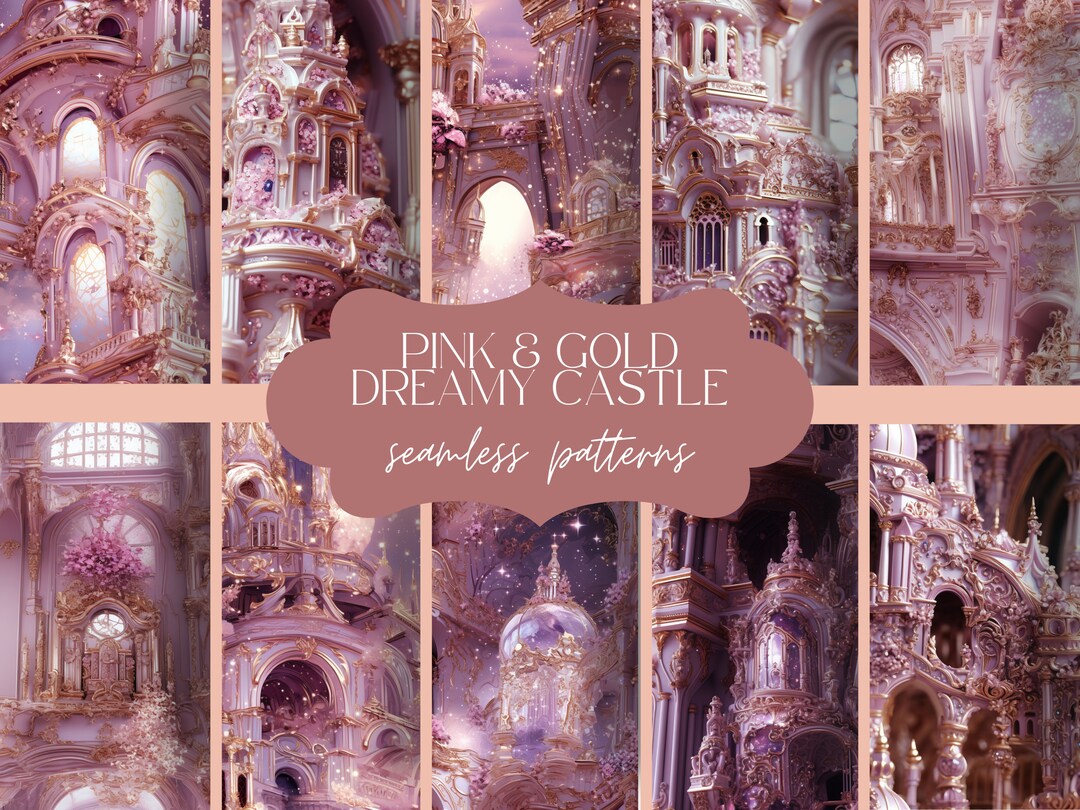 12 Pink & Gold Dreamy Castle Seamless Pattern | Fantasy Fairy Tale ...