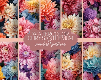 15 Patrón de crisantemo de acuarela / Textura de flores sin costuras / Fondo de impresión floral / Papel digital detallado / Conjunto de diario de álbum de recortes