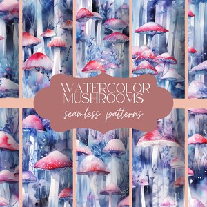 Padrão de 16 cogumelos aquarela azuis e vermelhos | Textura de floresta perfeita | Fundo de impressão de outono | Papel Digital Fungos | Conjunto de álbum de recortes de fantasia