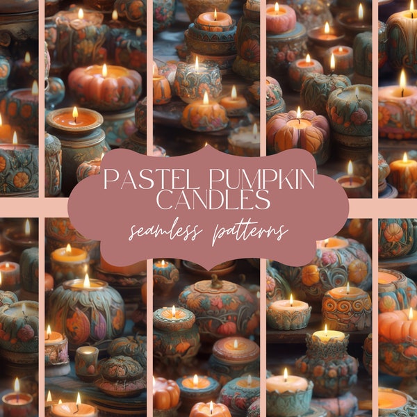 12 Pastel Pumpkin Candles Pattern | Seamless Cozy Fall Texture | Autumn Decor Background | Wax Digital Paper | Scrapbook Candlelight Set