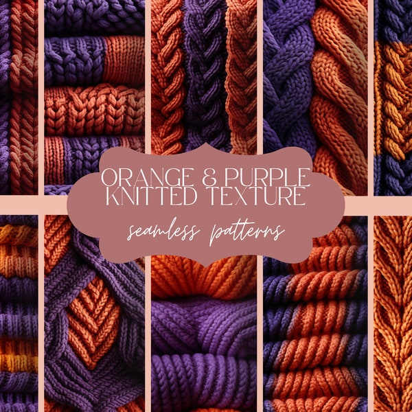 12 Orange Purple Knitted Texture | Seamless Halloween Pattern | Sweater Print Background | Detailed Autumn Digital Paper | Scrapbook Set