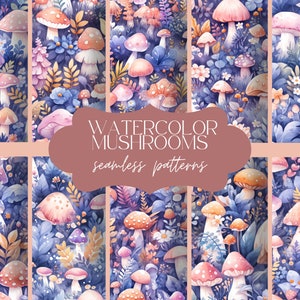 Padrão de 16 cogumelos em aquarela azul | Textura de floresta perfeita | Fundo de impressão de outono | Papel Digital Fungos | Conjunto de diário de scrapbook