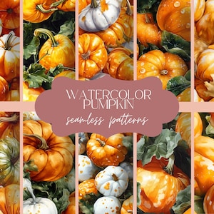 May include: Watercolor seamless patterns featuring pumpkins in various shades of orange, white, and green. The pumpkins are arranged in a repeating pattern, creating a festive and autumnal design.