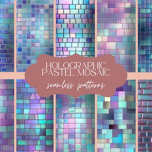 16 Motivi senza giunture di mosaico olografico / Texture di vetro iridescente pastello / Stampa di piastrelle luminose / Carta digitale olografica / Set di album scintillanti