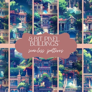 12 Pixel Buildings Pattern | Seamless 8-Bit Texture | City Print Background | Fantasy Digital Paper | Cityscape Scrapbook Set