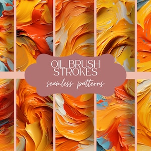 May include: A set of 10 seamless patterns featuring abstract oil brush strokes in shades of yellow, orange, blue, and white. The patterns are perfect for creating backgrounds, textures, and designs.