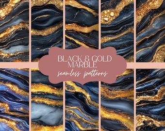 12 Black & Gray Marble Gold Textures | Seamless Luxury Monochrome Pattern | Holographic Glitter Digital Paper | Abstract Background