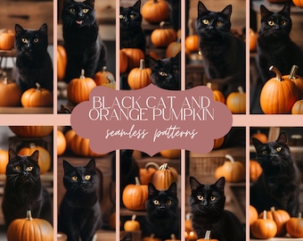 16 Black Cat & Orange Pumpkin Pattern | Seamless Fall Texture | Halloween Print Background | Whimsical Digital Paper | Scrapbook Journal Set