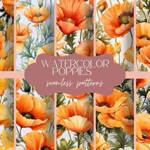 12 Watercolor Poppies Pattern | Seamless Flowers Texture | Floral Print Background | Summer Digital Paper | Scrapbook Journal Set