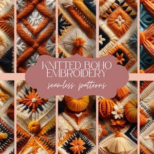 Puede incluir: Una colección de 10 patrones de bordado boho tejidos sin costuras en varios colores, incluyendo naranja, amarillo, blanco, negro y azul. Los patrones presentan diferentes puntadas y texturas, creando un aspecto único y elegante.