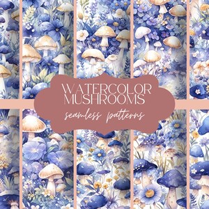 Padrão de 14 cogumelos em aquarela azul | Textura de floresta perfeita | Fundo de natureza outono | Papel Digital Fungos | Conjunto de diário de scrapbook