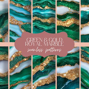 May include: A collection of seamless patterns featuring a green and gold marble design. The patterns showcase swirling emerald green and white veining, accented with shimmering gold glitter. The text "GREEN & GOLD ROYAL MARBLE seamless patterns" is displayed.