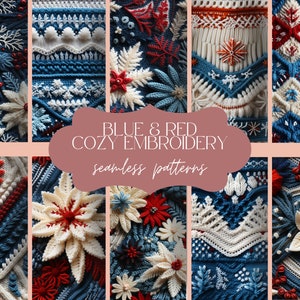 12 motif de broderie confortable bleu et rouge | Texture de tricot d'hiver | Impression de vacances confortable | Papier numérique tricoté | Ensemble tendance en laine