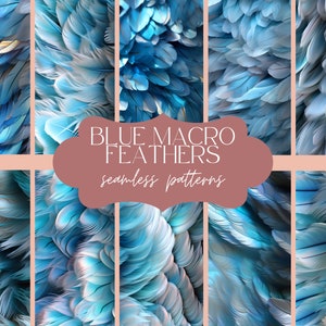 Puede incluir: Un patrón sin costuras que presenta un primer plano de plumas azules y blancas. La imagen se titula "Blue Macro Feathers Seamless Patterns".