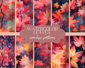 12 Watercolor Leaves | Seamless Flowers Pattern | Plants Print Background | Organic Digital Paper | Scrapbook Journal Set