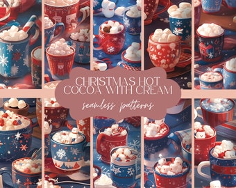 16 Patrón sin costuras de cacao caliente navideño / Textura de bebida festiva / Impresión de tazas de chocolate acogedoras / Papel digital azul rojo / Trate las vacaciones de invierno
