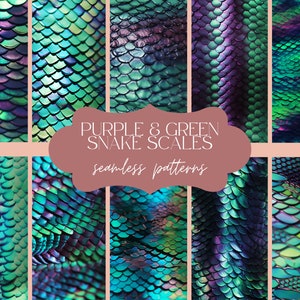 May include: A collection of seamless patterns featuring purple and green snake scales. The scales have a shimmering, iridescent quality, with a gradient of colors from deep purple to vibrant green. The text "PURPLE & GREEN SNAKE SCALES seamless patterns" is displayed.