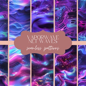 May include: A set of 10 seamless digital patterns featuring vibrant, abstract designs in shades of blue, purple, and pink. The patterns are inspired by vaporwave aesthetics and feature wavy lines, geometric shapes, and glowing lights.
